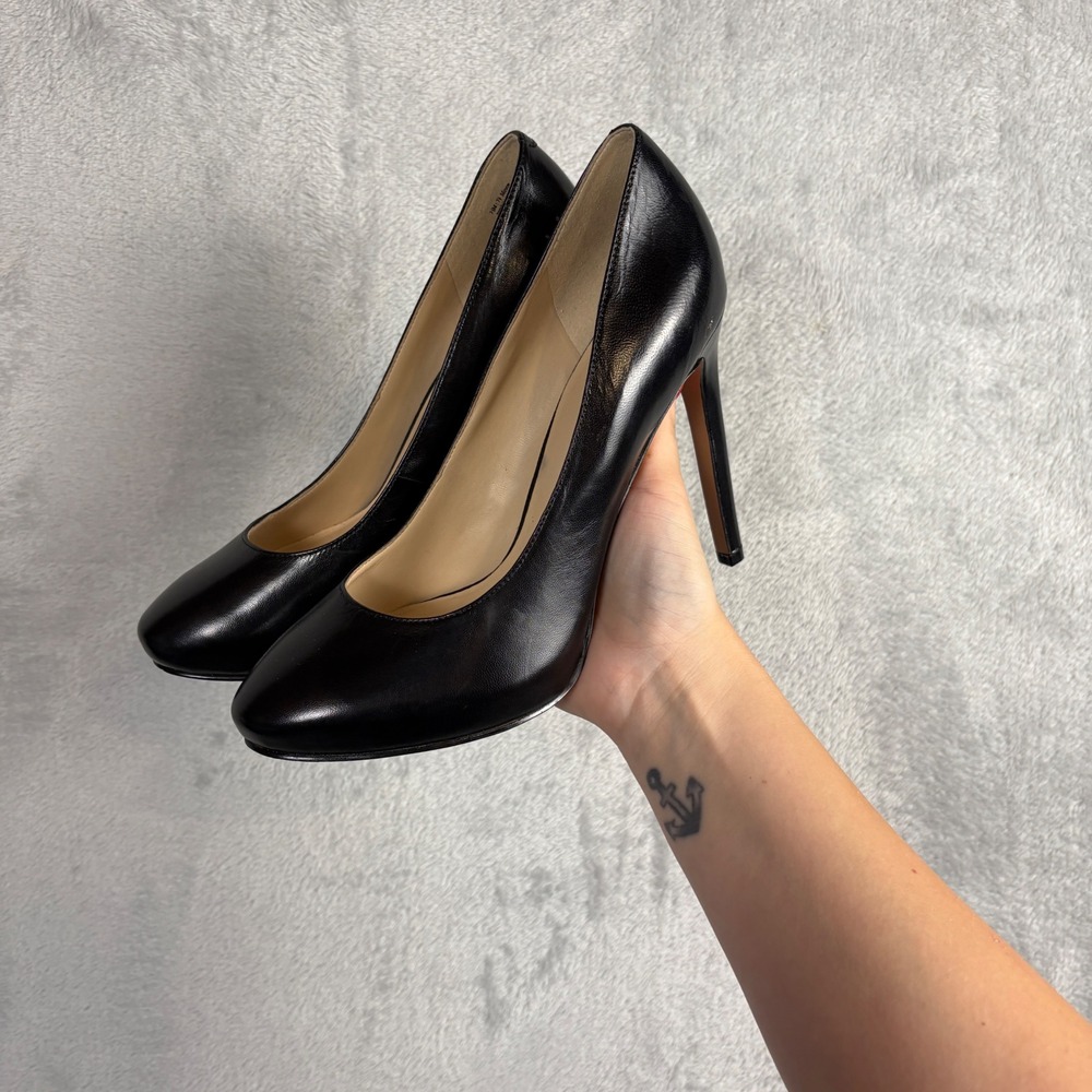 Nine West Womens Black Leather Stiletto Pumps Almond Toe High Heels Size 7.5M